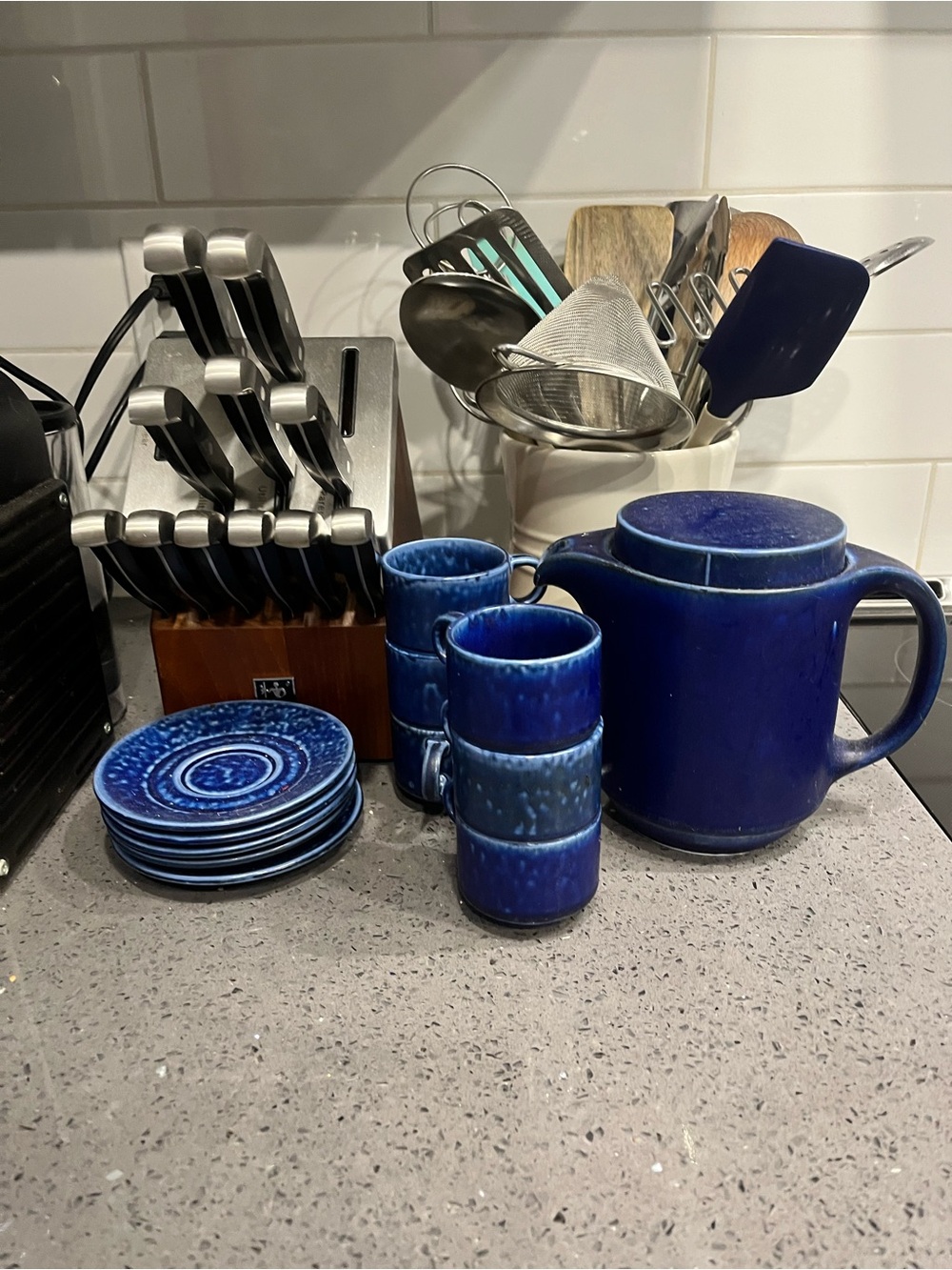 Vintage - Blue porcelain Teapot and Espresso Cup Set - Deep Blue